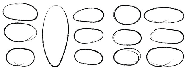 Hand drawn crayon ovals and circles. Ellipses pencil doodle style set. round rough thin frames. Round freehand shapes, emphasis highlights.Vector elements for hand drawn diagrams Grunge. Scribble oval