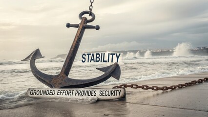 A robust vintage anchor firmly holding the shore against the ocean waves, symbolizing stability and security