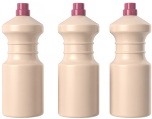 Three identical beige plastic bottles with pink caps arranged in a row isolated on a transparent background