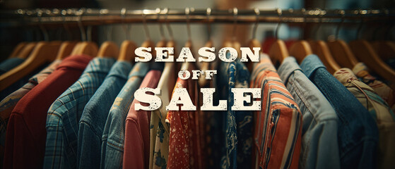 The atmosphere inside the clothing store with the message SEASON OFF SALE. Fashion discount and retail promotion concept.