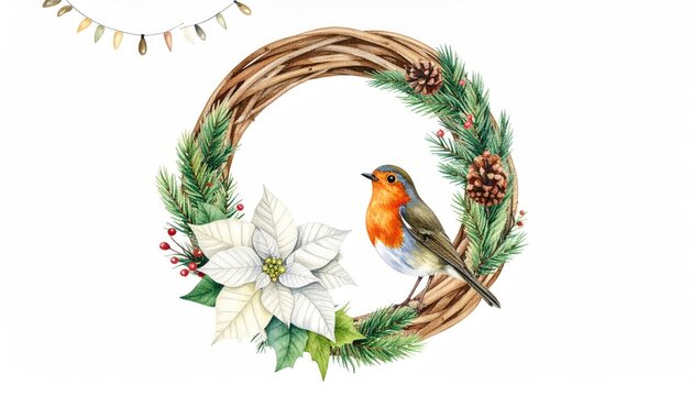 Watercolor Christmas wreath with robin bird and white poinsettia flower. - Powered by Adobe