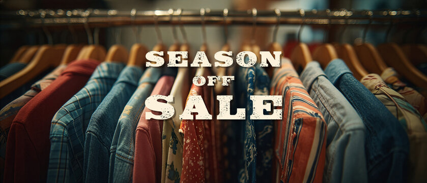 The atmosphere inside the clothing store with the message SEASON OFF SALE. Fashion discount and retail promotion concept.