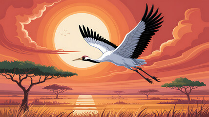 Obraz premium Majestic crane soars across a vibrant african savannah sunset with acacia trees