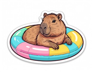 Fun illustration of a capybara floating on a pool ring with a cheerful expression. Ideal for summer-themed merchandise and sticker sets. Cute Summer Vector