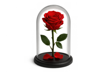 Red rose in glass dome on a black base representing eternal love, romance, and a cherished keepsake object