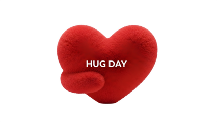 Red Fuzzy Heart with "Hug Day" Text, isolated on transparent background