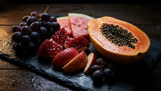 Detailed macro food photography with dramatic low light. Close-up focus on grapes, pomegranates, and apples.