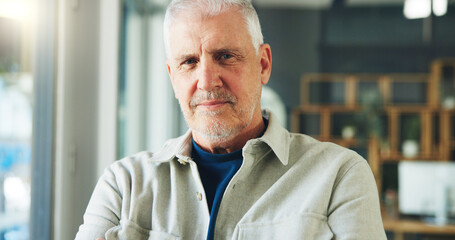 Portrait, mature man or creative director in agency with confidence, about us or campaign planner. Project management, branding or professional manager with pride, career experience or development