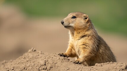 Prairie dog standing alert on a mound of dirt in a sunny outdoor environment looking away