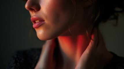 Woman with dramatic red light on her neck