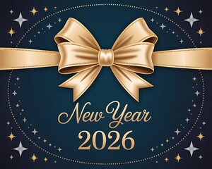 Elegant golden bow adorns a dark blue background with sparkling stars and the year 2026 celebrating new year s eve