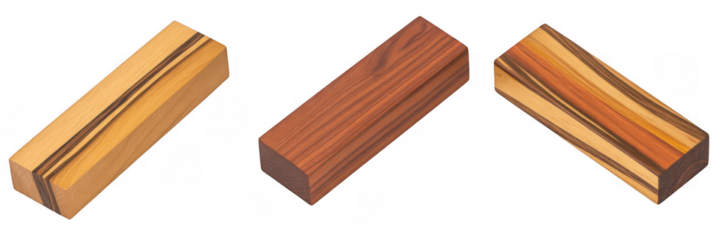 Three rectangular wood blocks with distinct grain patterns and colors isolated on a transparent background
