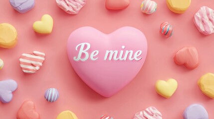 Pink heart candy with Be Mine text surrounded by colorful sweets perfect for Valentines Day promotions and romantic designs