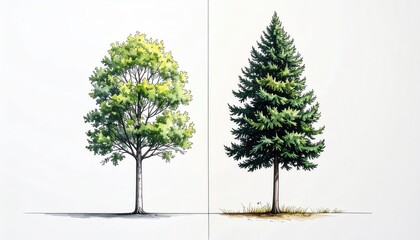 Fototapeta premium Illustration of a deciduous tree and an evergreen conifer side by side on white background.
