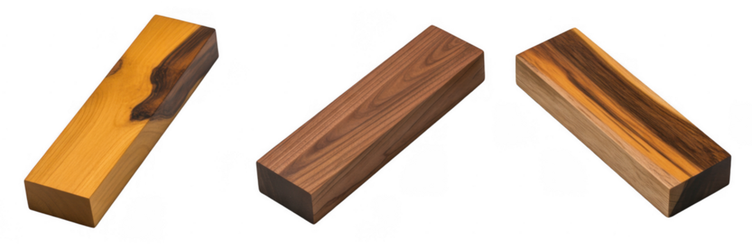 Three rectangular wooden blocks with distinct grain patterns and colors isolated on a transparent background