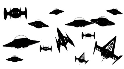 Collection of Black Silhouettes of Flying Saucers and Spaceships