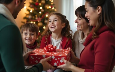 large happy family celebrate Christmas - Cute girl giving x-mas present. High quality