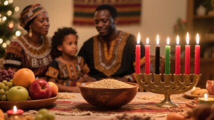 African family celebrating kwanzaa with kinara candles and fruits on table at home festive