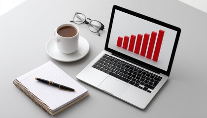 Modern laptop showcasing a growing red bar graph on a grey desk, accompanied by a coffee cup, glasses, and a notepad with a pen, highlighting a productive work environment