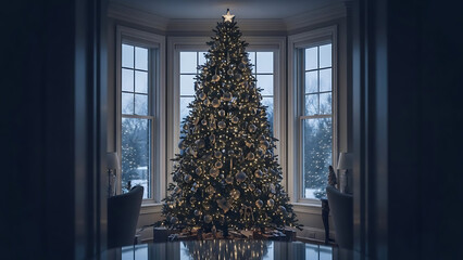 Tall Christmas tree in the middle between the windows of the house