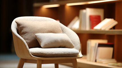 A modern, comfortable armchair with two beige cushions sits in front of a warm, illuminated bookshelf filled with books, creating an inviting reading nook.