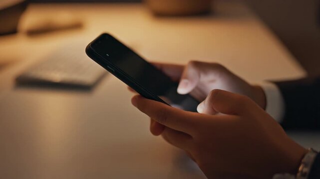 Close-up of a person's hands holding and using a smartphone in low light, focusing on the screen and fingers