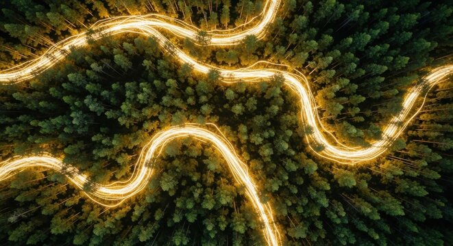 Aerial view of winding road light trails in dark forest at night - Powered by Adobe