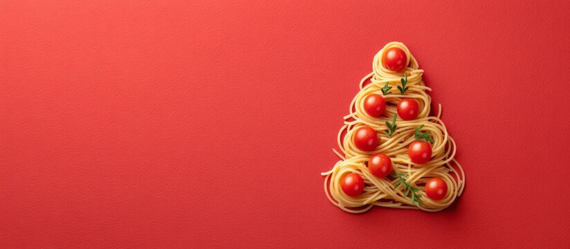 Spaghetti pasta forming a christmas tree on red background, copy space