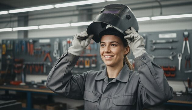 Smiling woman lifting welding mask in workshop with tools hanging on wall for safety work
