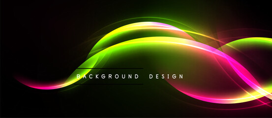 Abstract neon waves over black background. Vibrant colors blend, creating dynamic visual effect. Modern design element.