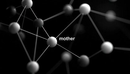 Mother networking concept, interconnected nodes depicting family connections, spherical elements representing individual relationships, central maternal hub linking personal networks