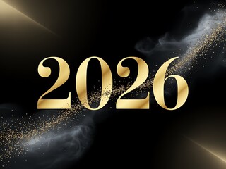 Golden year 2026 typography with sparkle and smoke effects on a dark background for celebrations and future events