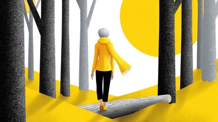 Senior woman wearing a yellow sweater and scarf is walking on a fallen log in a surreal yellow forest with a large yellow sun, enjoying a peaceful walk in nature
