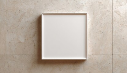 A square white picture frame centered against a textured beige stone background