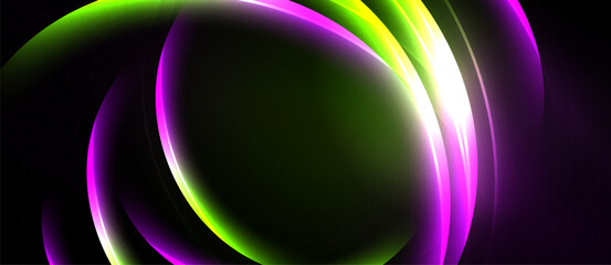 Abstract design features layered, glowing shapes. Vivid green, purple, yellow hues create dynamic visual effect. Smooth gradients dominate composition.