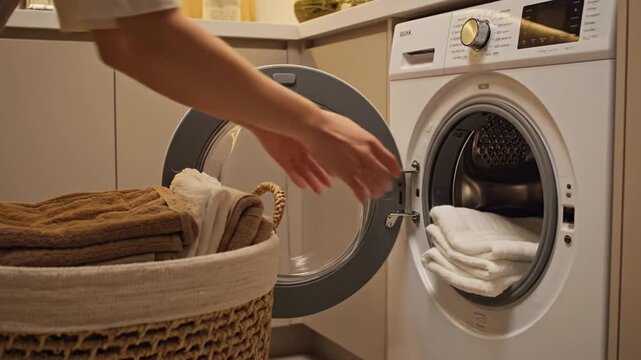 laundry basket filled with neatly arranged clothes as hands pick up garments and place them into a washing machine