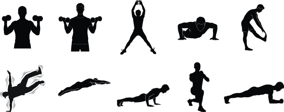 Silhouette collection of people exercising and stretching on a white background