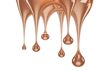 Molten copper liquid dripping and forming droplets isolated on transparent background