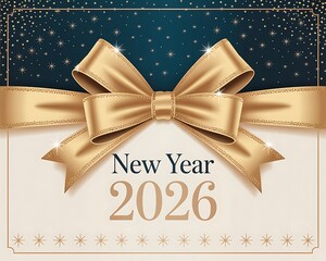 Elegant golden bow adorns a festive new year 2026 greeting card with sparkling confetti and a luxurious dark blue background