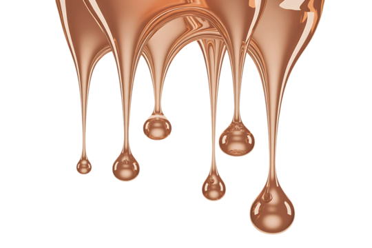 Molten copper liquid dripping and forming droplets isolated on transparent background