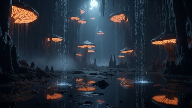 A mystical underground cave filled with glowing orange mushrooms and shimmering water reflections. - Powered by Adobe