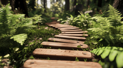 Obraz premium A wooden path winds through a vibrant, sunlit forest. Lush green foliage frames the tranquil scene.