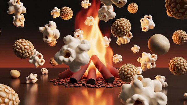 Lohri, bonfire with soft flame animation, floating popcorn and sesame sweets in glossy