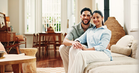 Happy, sofa and portrait of couple in home for connection, bonding and relax in modern apartment. Weekend, marriage and man with woman in living room for commitment, healthy relationship and love