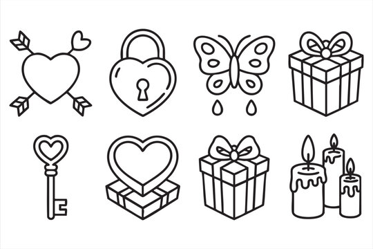 Valentine icon collection featuring heart, lock, key and romantic holiday graphics