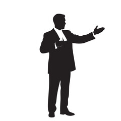 Obraz premium Businessman giving presentation silhouette, formal gesture of invitation or explanation, man in suit with hand extended, vector illustration on white background, corporate communication