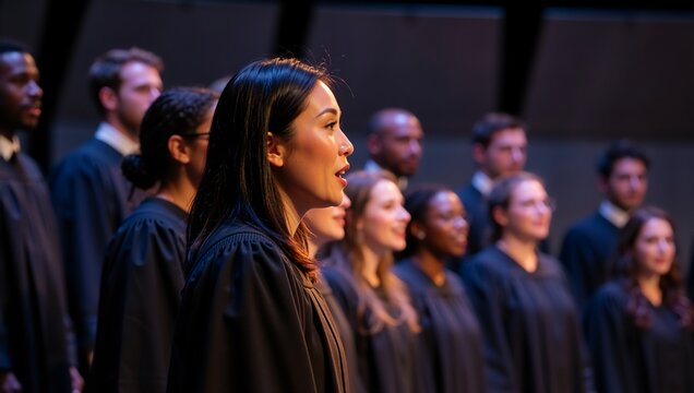 A diverse choir singing in harmony during a concert performance. Close-up profile of a female singer with a multicultural group on stage - Powered by Adobe
