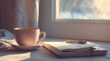 Cozy morning setup with a cup of tea and a notebook by the window on a chilly day
