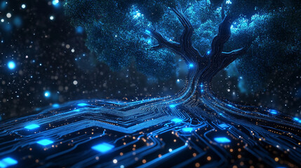 Futuristic tree growing from a circuit board, symbolizing technology, innovation, and digital growth, ideal for AI, electronics, and high-tech concept visuals.