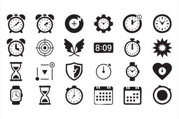 Minimal time icons including clocks, timers and scheduling elements